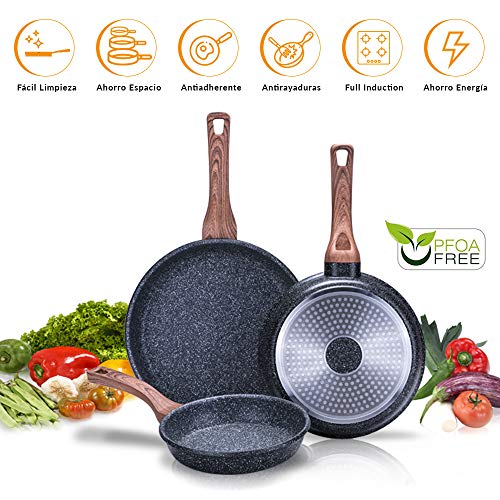 NEWCHEF - Juego de Sartenes Antiadherentes FOLK 3pzs. (20,24,28Ø cm) de Aluminio, apto para Inducción y Vitrocerámica. Set de sartenes Antigoteo con Mango Ergonómico, Fáciles de Limpiar y Libre PFOA