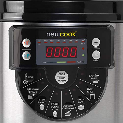 NEWCOOK Olla Programable Newcook Delicious Negra, Olla a Presión Multifunción Eléctrica con Voz, 15 Funciones, 1000W,6 l, 4 Niv. Presión,Cubeta con recubrimiento cerámico. Accesorio para Freír