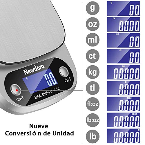 Newdora Báscula Digital para Cocina de Acero Inoxidable con Pantalla LCD Balanza de Alimentos, con función de tara, sistema de sensor de alta precisión escala digital Color Plata (Baterías Incluidas)