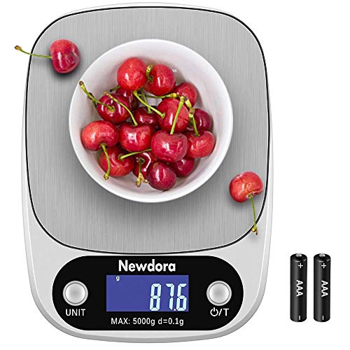 Newdora Báscula Digital para Cocina de Acero Inoxidable con Pantalla LCD Balanza de Alimentos, con función de tara, sistema de sensor de alta precisión escala digital Color Plata (Baterías Incluidas)