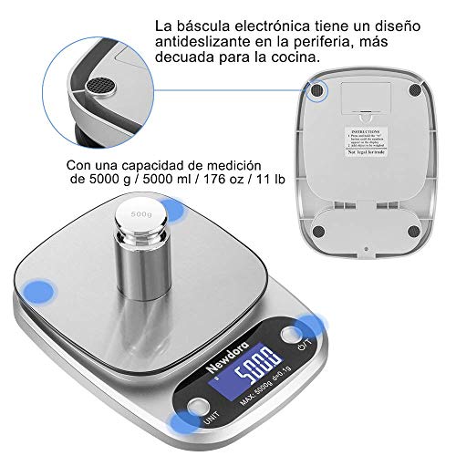 Newdora Báscula Digital para Cocina de Acero Inoxidable con Pantalla LCD Balanza de Alimentos, con función de tara, sistema de sensor de alta precisión escala digital Color Plata (Baterías Incluidas)