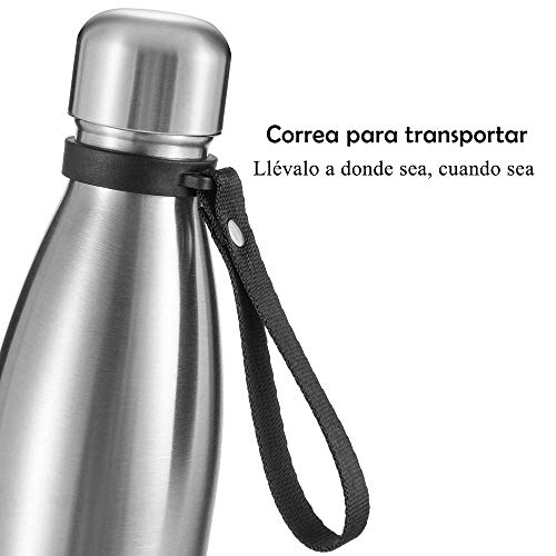 Newdora Botella de Agua Acero Inoxidable 500ml, Aislamiento de Vacío de Doble Pared, Botellas de Frío/Caliente, con 1 un Cepillo de Limpieza, para Niños, Deporte, Oficina, Gimnasio, Ciclismo, Silver