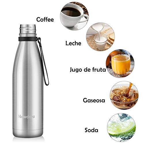 Newdora Botella de Agua Acero Inoxidable 500ml, Aislamiento de Vacío de Doble Pared, Botellas de Frío/Caliente, con 1 un Cepillo de Limpieza, para Niños, Deporte, Oficina, Gimnasio, Ciclismo, Silver