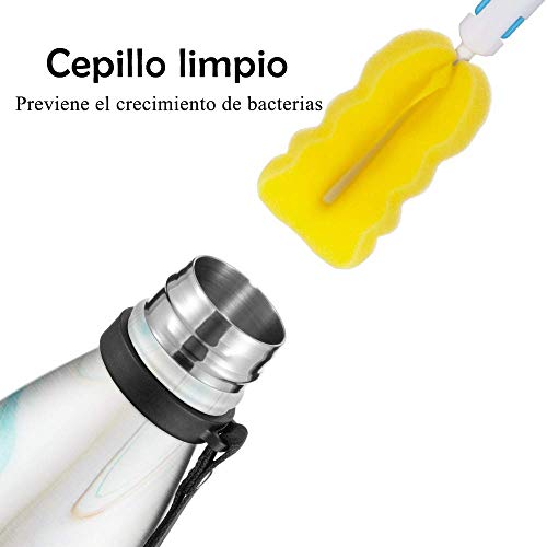 Newdora Botella de Agua Acero Inoxidable 500ml, Aislamiento de Vacío de Doble Pared, Botellas de Frío/Caliente, con 1 un Cepillo de Limpieza, para Niños, Deporte, Oficina, Gimnasio, Ciclismo