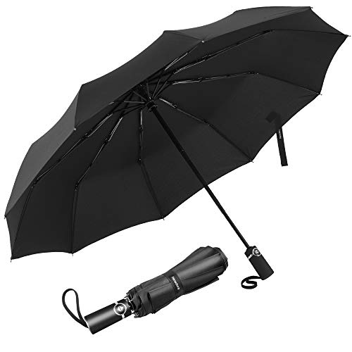 Newdora Paraguas Plegable Automático Negro Impermeable 10 Armazones de Metal Compacto Resistencia contra Viento para Viaje para Hombres y Mujeres