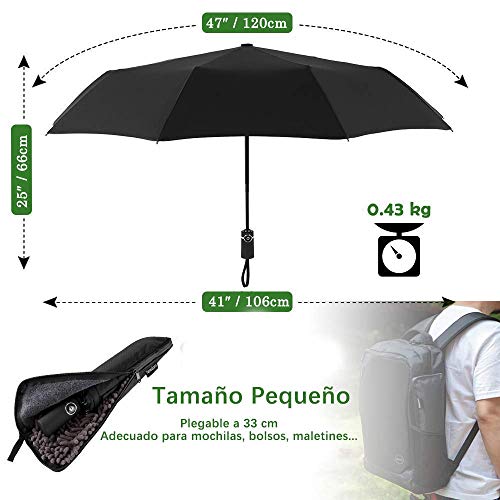 Newdora Paraguas Plegable Automático Negro Impermeable 10 Armazones de Metal Compacto Resistencia contra Viento para Viaje para Hombres y Mujeres