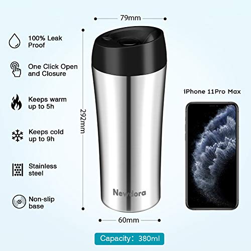 Newdora Termo Café, Vaso Termico Cafe de 380ml con Tapa, Botella Acero Inoxidable Agua para Viajes Oficina en casa Escuela Trabajos Camping