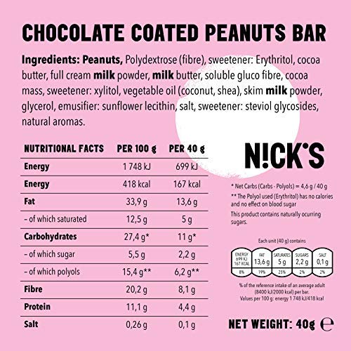 NICKS Peanut n Fudge, Barrita de chocolate con leche, sin azúcar añadido, sin gluten 20 x 40g