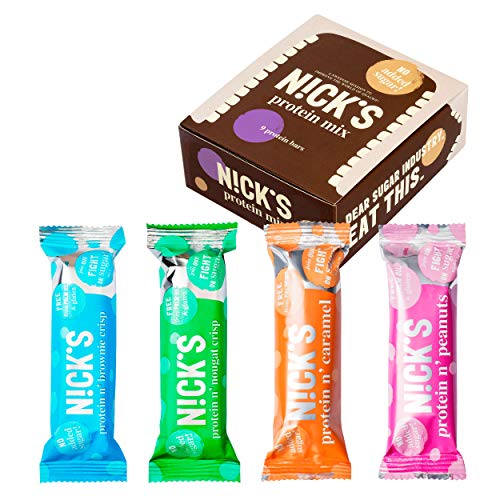 NICKS Protein Mix con variaciones de sabor Barras de proteína de chocolate sin azúcar añadido, sin gluten 9x40g