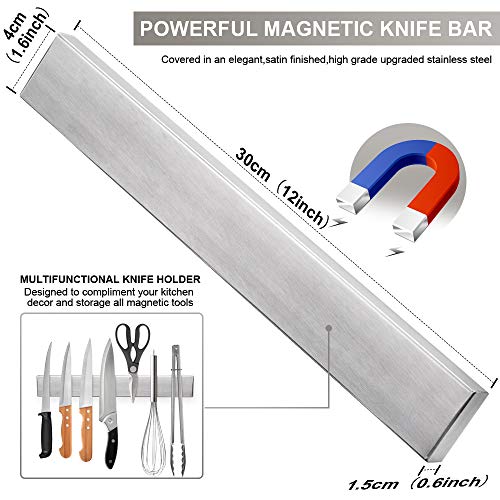 Ninonly Barra Magnética para Cuchillos, 30cm Portacuchillas Magnético de Acero Inoxidable Soporte para Cuchillos de Cocina, Soporte Magnético de Cuchillos, Montaje en Pared con Banda Adhesiva