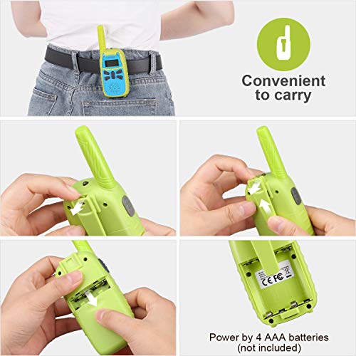 Niños Walkie Talkie, 7 Colores de Pantalla, 16 Canales, 2 Millas 2 Vías Radio de Largo Alcance, , Juguete con Linterna y VOX, Potencia Trabajo Dual de 0.1W y 0.5W ( 2 Paquete, Verde)