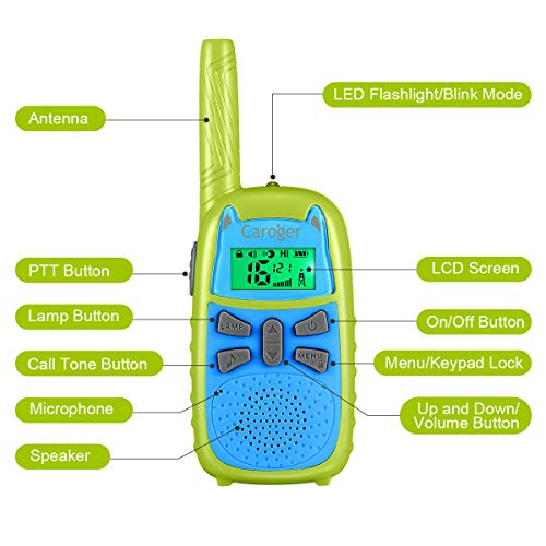 Niños Walkie Talkie, 7 Colores de Pantalla, 16 Canales, 2 Millas 2 Vías Radio de Largo Alcance, , Juguete con Linterna y VOX, Potencia Trabajo Dual de 0.1W y 0.5W ( 2 Paquete, Verde)