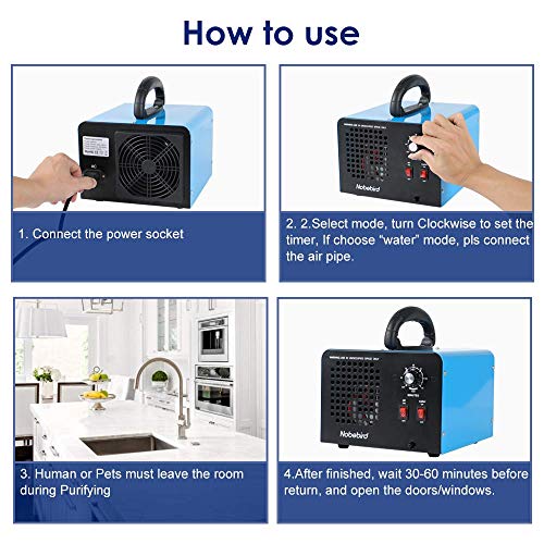 Nobebird Generador de ozono Purificador de Aire, 28.000 MG/h Desodorizador de ozono con Modos de purificación de Aire/Agua, Purifica hasta 300㎡, Elimina el Humo/el Olor de Mascotas/contaminante