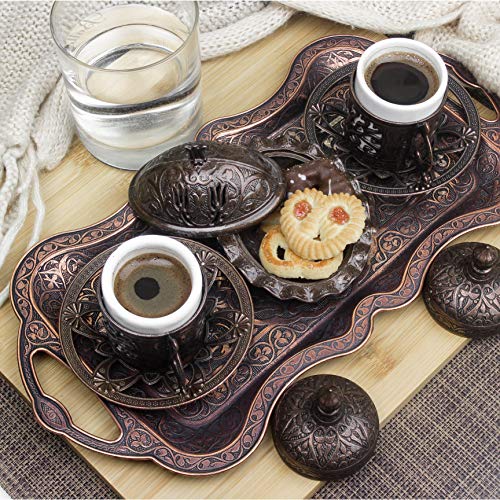 Nosy Nomad Juego de café: Set de 2 Tazas de Café Turco, Plato de Dulces, Cobre Fundido Original | Juego de Café Turco de Cobre con Tazas Otomanas | Conjunto de 2