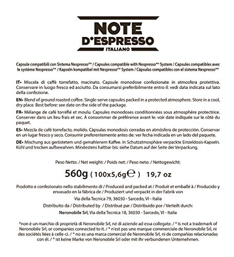 Note D'Espresso Cápsulas de Café Descafeinado exclusivamente compatibles con afeteras Nespresso* - 100 Unidades de 5.6 g, Total - 560 g