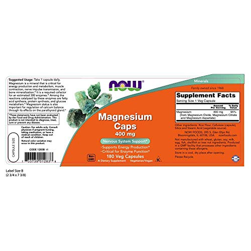 Now Foods | Cápsulas de Magnesio | 400 mg | 180 Cápsulas vegetarianas | sin gluten y soja