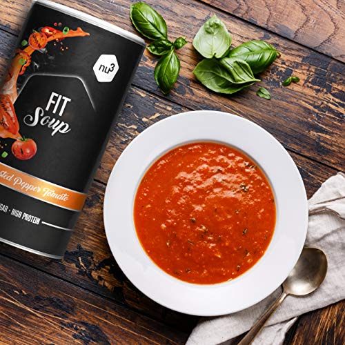 nu3 Fit Soup Pepper & Tomato - Sopa instantánea rica en fibra dietética - Crema de pimiento y tomate asado (605g) – Comida rápida deshidratada con alto valor nutricional – Ideal en dietas deportivas
