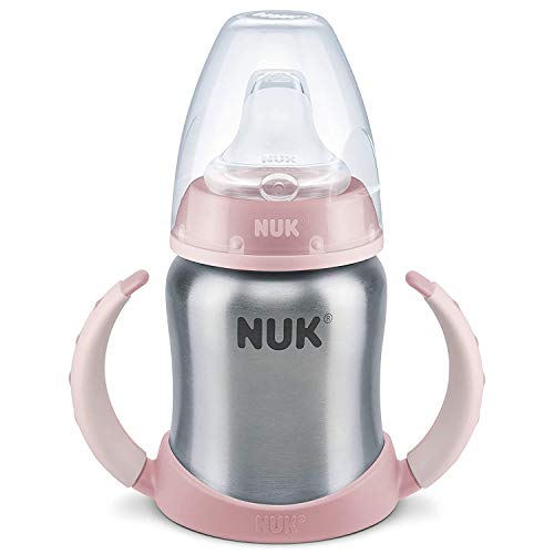 NUK 10255253 - Biberón con asas, botella de acero inoxidable, 125 ml, color: rosa