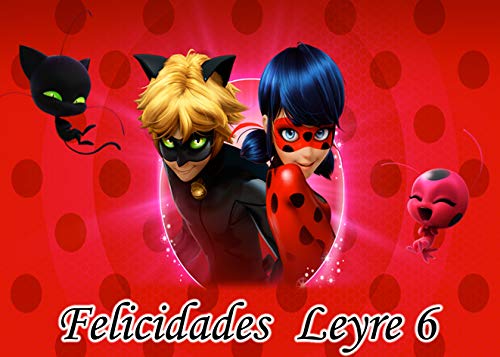 OBLEA de Ladybug Personalizada con Nombre y Edad para Pastel o Tarta, Especial para cumpleaños, Medida Rectangular de 28x20cm