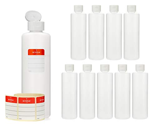 Octopus 10 Botellas de plástico 250 ml, Botellas de plástico de HDPE con Tapones abatibles Blanco, Botellas vacías con Tapa abatible Blanco, Botellas Redondas con 10 Etiquetas para marcar