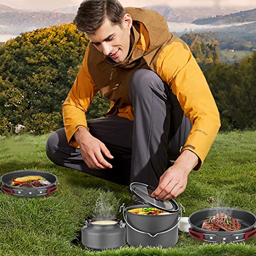 Odoland Utensilios Cocina Camping con Olla, Sartén, Hervidor de Camping, Plato, Tazas de Acero Inoxidable y Cubiertos Plegables, Kit de Cocina para Cocinar al Aire Libre