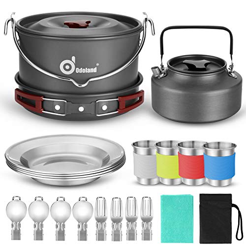 Odoland Utensilios Cocina Camping con Olla, Sartén, Hervidor de Camping, Plato, Tazas de Acero Inoxidable y Cubiertos Plegables, Kit de Cocina para Cocinar al Aire Libre