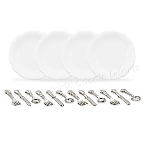 Odoria 1/12 Miniatura 4pz Platos y 12pz Cubiertos Cocina Accesorio para Casa de Muñecas