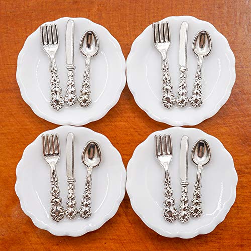 Odoria 1/12 Miniatura 4pz Platos y 12pz Cubiertos Cocina Accesorio para Casa de Muñecas