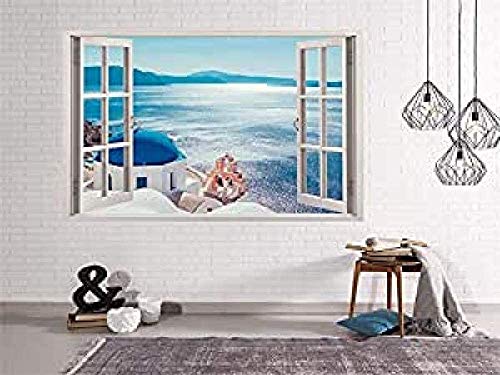 Oedim - Vinilo Ventana Vistas al Mar Desde Grecia | 50x40cm | Adhesivo Incluido | Decoracion Habitación| Pegatina Adhesiva | Multicolor | Diseño Profesional