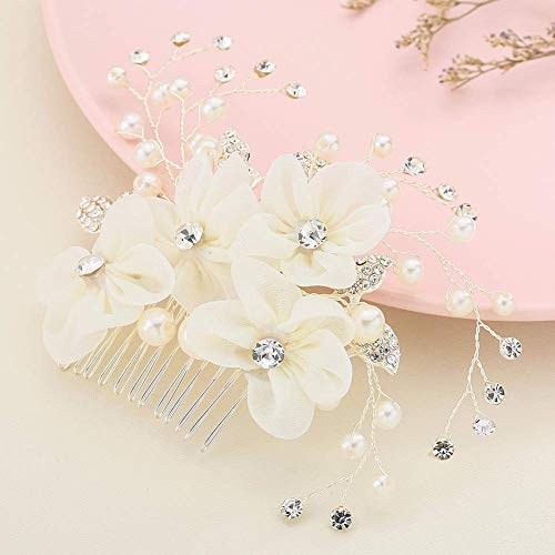 Ogquaton Perla Novia Peine de Pelo Flor Hecha a Mano Rhinestone Secador de Pelo Boda de Organza Tocado Simple y Elegante