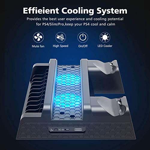 OIVO Ventilador de Refrigeración Compatible con Ps4/Ps4 Pro/Ps4 Slim,Estación de Carga del Controlador,Soporte Vertical de Enfriamiento con Indicadores LED y Almacenamiento para 12 Juegos