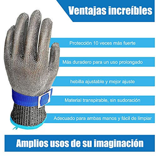 OKAWADACH Guantes Anticorte, Guante Carnicero Guante De Carnicero Malla Guante Malla Metálica Carnicero Guante De Color Azul Talla M Nivel 5 (M)