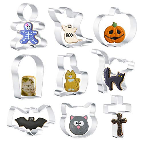 Olywee - Juego de cortadores de galletas para Halloween, diseño de gato, calabaza, gato asustado, fantasma, cara de gato, murciélago, lápida, cruz y pan de jengibre