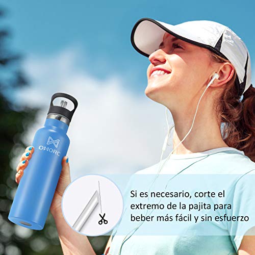 OMORC Botella Agua Acero Inoxidable, 600ML Aislada al Vacío de Conserva Frío Doble Pared, Resistencia al Rayado, sin BPA Botella Agua Deporte, para Gimnasio, Oficina, Deportes, Fácil de Limpiar