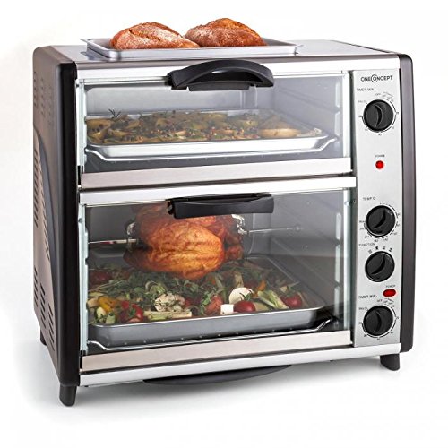 oneConcept All-You-Can-Eat Horno eléctrico doble - 2 cámaras de cocción, Parrilla superior, Capacidad Total 42 L, 2400 W, Temperatura: 60-240°C, Temporizador, Acero inoxidable, Plateado