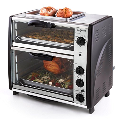 oneConcept All-You-Can-Eat Horno eléctrico doble - 2 cámaras de cocción, Parrilla superior, Capacidad Total 42 L, 2400 W, Temperatura: 60-240°C, Temporizador, Acero inoxidable, Plateado