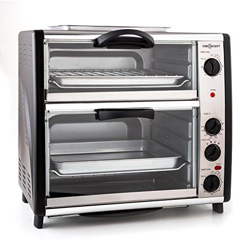 oneConcept All-You-Can-Eat Horno eléctrico doble - 2 cámaras de cocción, Parrilla superior, Capacidad Total 42 L, 2400 W, Temperatura: 60-240°C, Temporizador, Acero inoxidable, Plateado