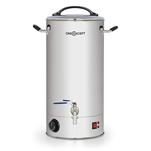 oneConcept Braufreund 18 Caldera de maceración con canilla - Dispensador de bebidas, Caldera para hacer cerveza, 18 litros, 1600 W, 30-110 °C, Termostato, Acero inoxidable 304, Plateado