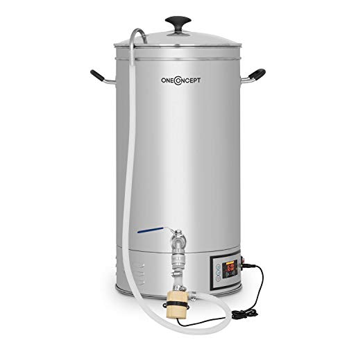 oneConcept Hopfengott 15 Caldera de maceración - Juego de fermentación, Cerveza casera, 15 L, 30-140 °C, 500-1600 W, Bomba circulación, 4 pasos programables, Pantalla, Acero, Plateado