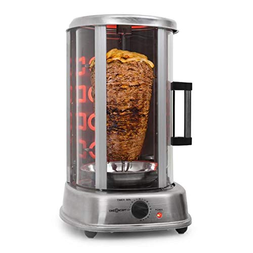 oneConcept Kebab Master Pro - Parrilla vertical giratoria, Pollo, Gyros, Pincho giratorio verical, Grill eléctrico, 1500 W, Reparto calor 360°, Desmontable y apto para lavavajillas, Plateado