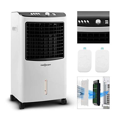 oneConcept MCH-2 V2 - Ventilador 3-en-1 portátil, Enfriador de aire, Humidificador, Tanque 7 L, 360 m³/h, 65 W, 2 baterías de refrigeración intercambiables, Oscilación horizontal, Temporizador, Floral