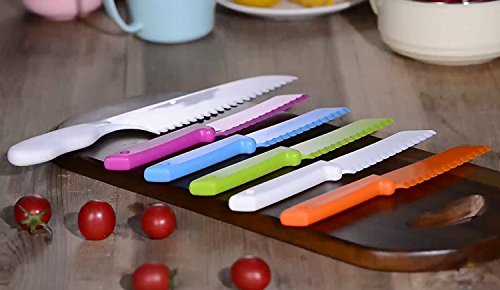 ONUPGO - Juego de cuchillos de cocina (6 piezas, plástico, con bordes de corte serrados, cuchillos de nailon para niños y niños para frutas, pan, tartas, lechugas y ensalada)