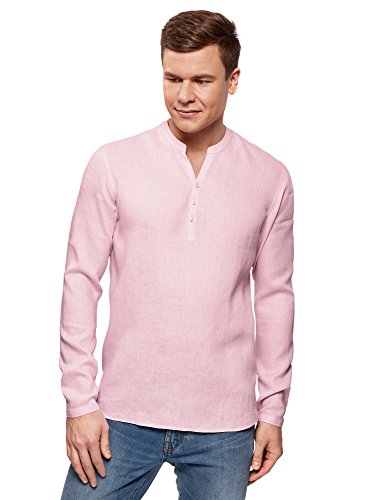 oodji Ultra Hombre Camisa de Lino sin Cuello, Rosa, 52-54