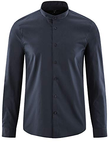 oodji Ultra Hombre Camisa Extra Slim con Cuello Mao, Azul, 39