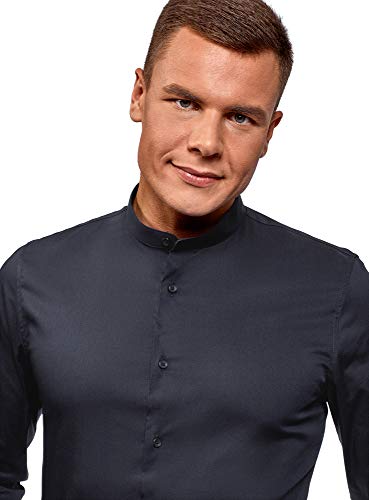 oodji Ultra Hombre Camisa Extra Slim con Cuello Mao, Azul, 39