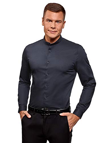 oodji Ultra Hombre Camisa Extra Slim con Cuello Mao, Azul, 39