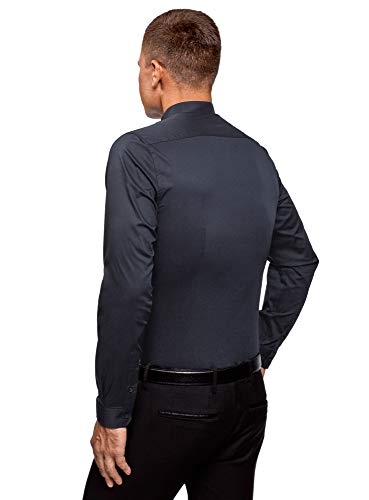 oodji Ultra Hombre Camisa Extra Slim con Cuello Mao, Azul, 39