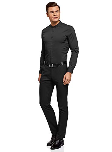 oodji Ultra Hombre Camisa Extra Slim con Cuello Mao, Negro, 41