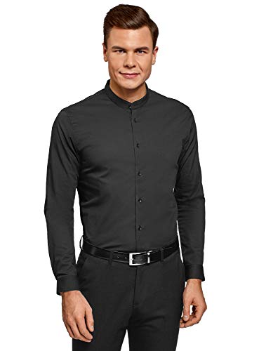 oodji Ultra Hombre Camisa Extra Slim con Cuello Mao, Negro, 41