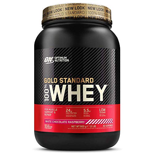 Optimum Nutrition ON Gold Standard 100% Whey Proteína en Polvo Suplementos Deportivos, Glutamina y Aminoacidos, BCAA, Chocolate Blanco y Frambuesa, 30 Porciones, 900 g, Embalaje Puede Variar